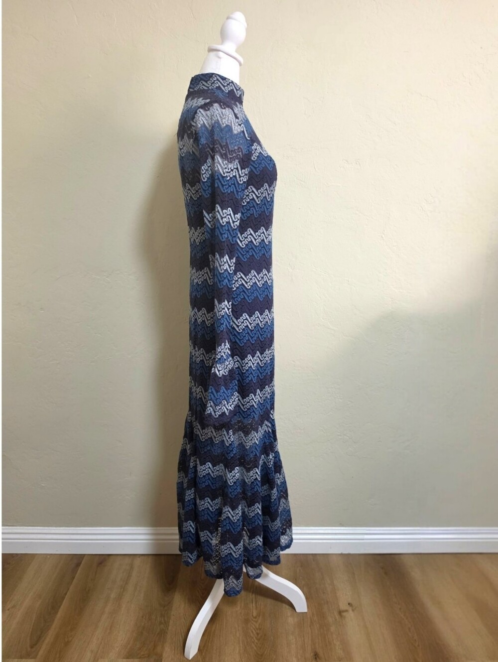 En Saison Lorrae Navy Tonal Zigzag/Chevron Pattern Lace Midi Dress, M, Boho Fall - Picture 12 of 16